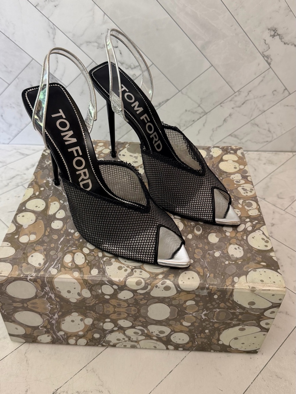 Tom Ford Black Mesh Slingback Heels with Silver Toe Caps